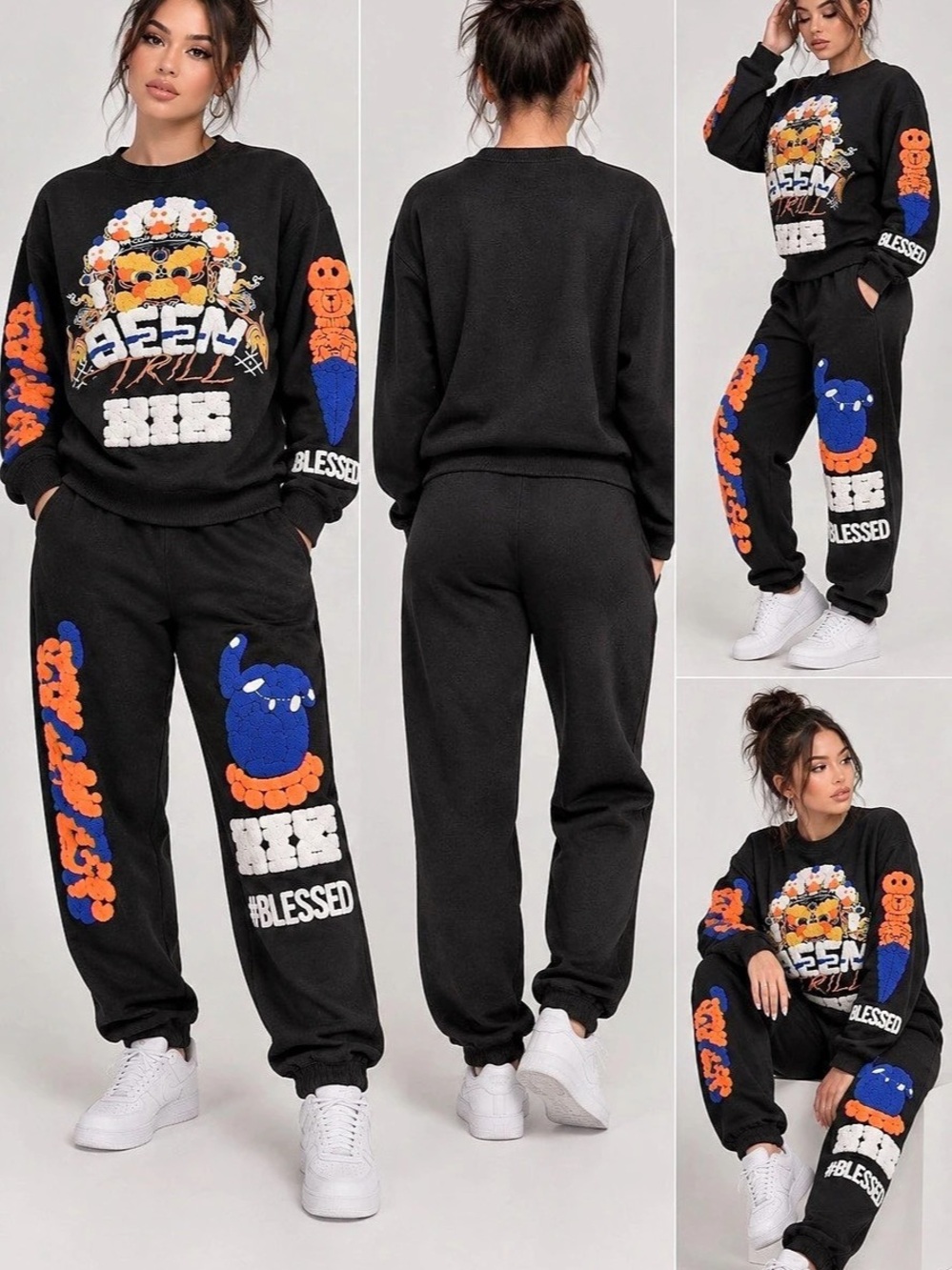 Y2K Chenille Embroidered Graphic Sweatshirt Jogger Set Black Small